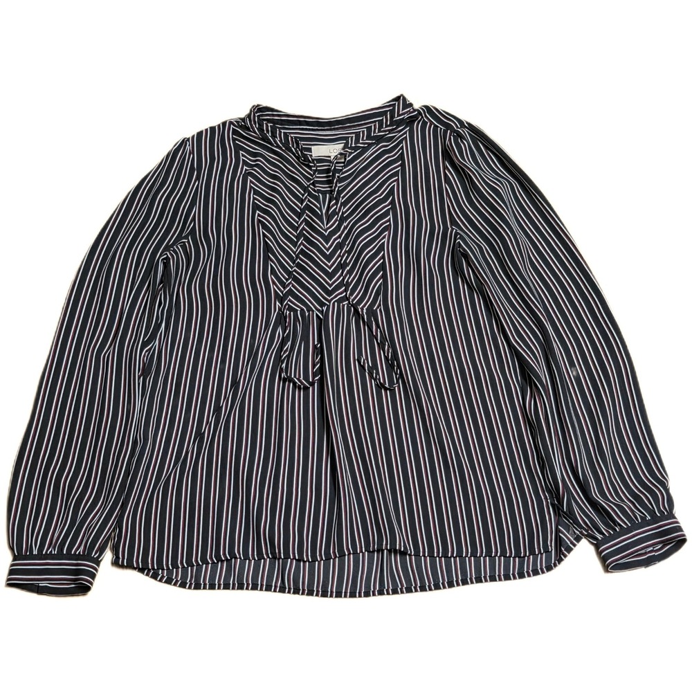 LOFT Striped Long Sleeve Blouse Women's Size M Black White Red V-Neck Tie Neck